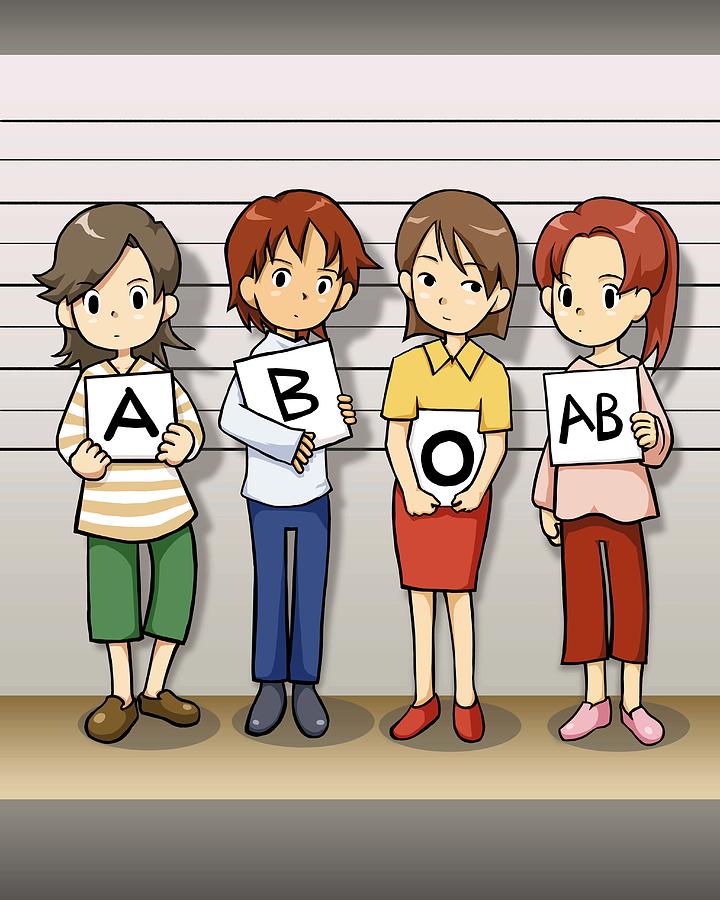 Four woman standing side by side, holding papers written their blood type, front view Drawing by Daj