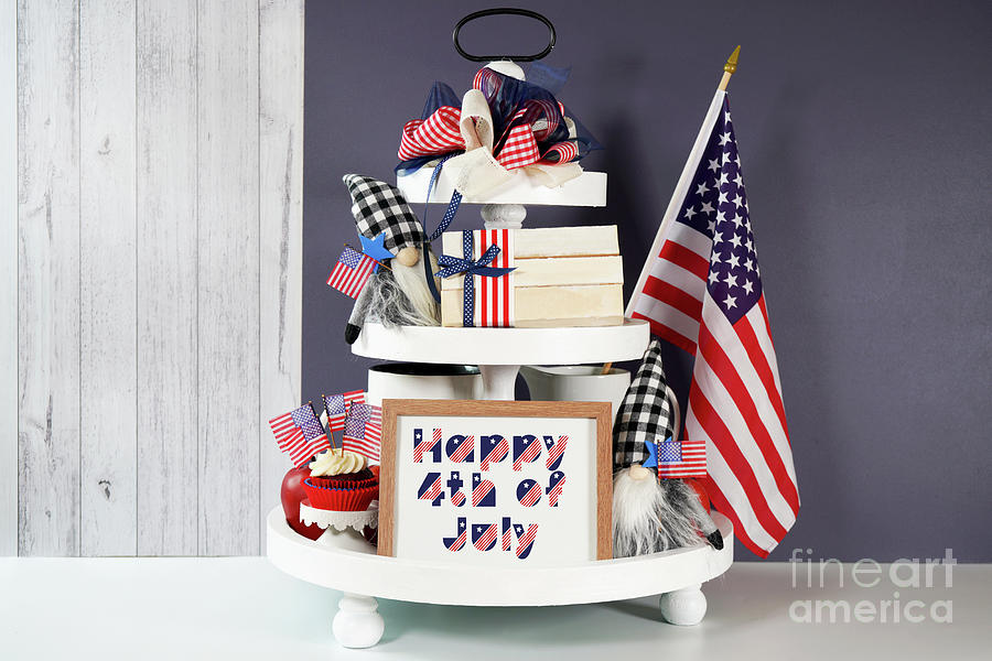 Fourth July Farmhouse aesthetic three tiered tray decor. Photograph by Milleflore Images