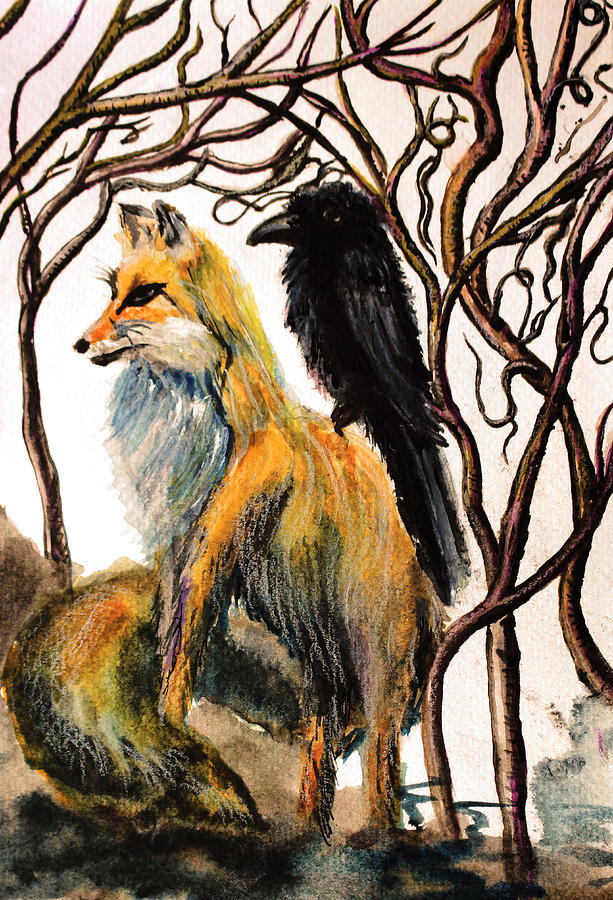 Fox and Raven Painting by Medea Ioseliani