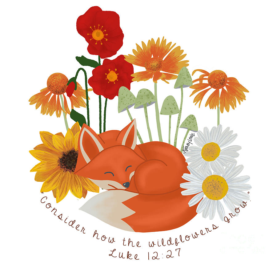 Fox and Widflowers Bible Verse  Painting by Ashley Lane