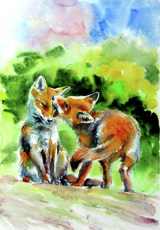 Wildlife Painting - Fox cubs by Kovacs Anna Brigitta