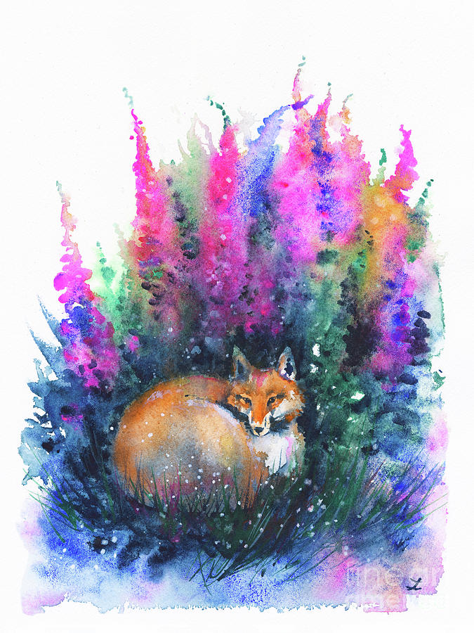 Fox in Foxgloves Painting by Zaira Dzhaubaeva