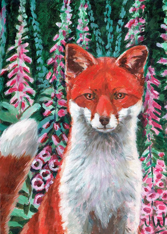 Fox Painting - Fox in the foxgloves by June Walker