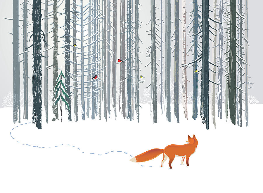 Nature Drawing - Fox in the Winter forest hand drawn illustration by Julien