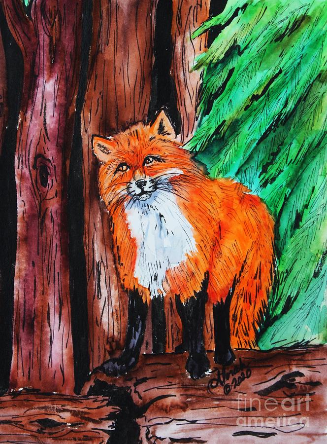Fox on log Painting by Lora Tout