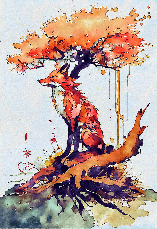 Fox Plotting on a Tree Stump Mixed Media by Ann Leech