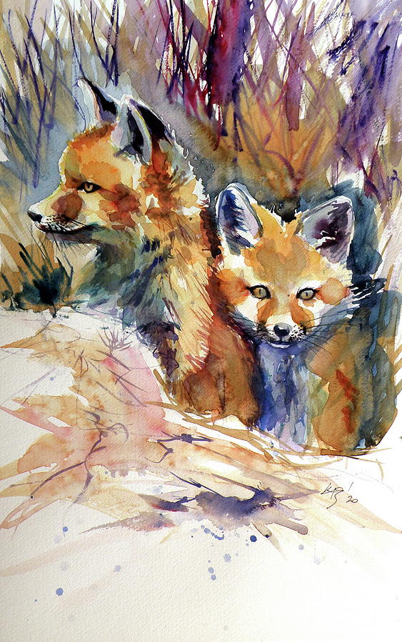 Fox pups Painting by Kovacs Anna Brigitta