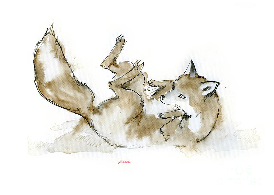 Fox rolling in snow Painting by Ang El