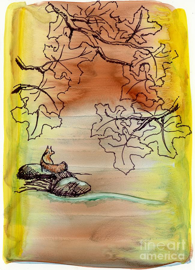 Fox, Stream, Leaves, Sunrise Painting by Tammy Nara
