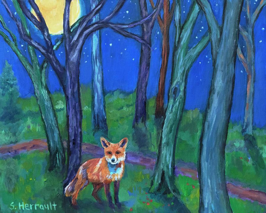 Fox Painting - Fox Under the Moon by Sandy Herrault