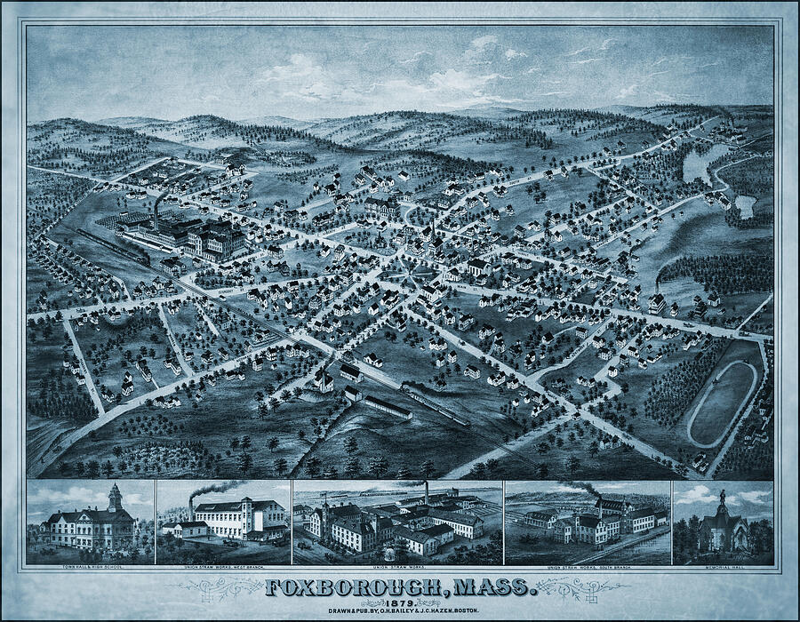 Foxborough Massachusetts Vintage Map Birds Eye View 1879 Blue ...