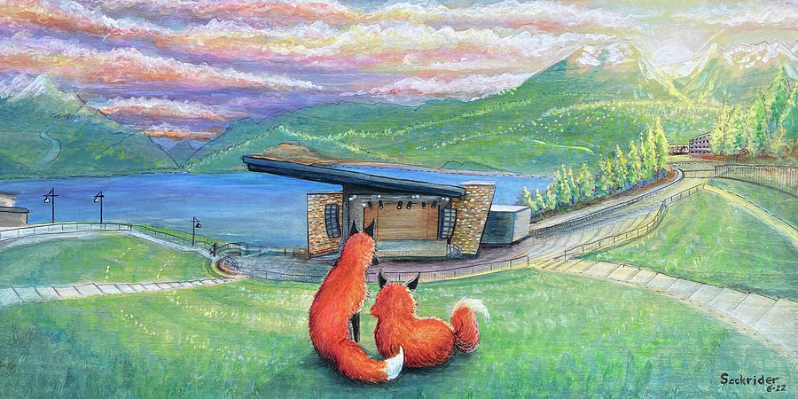 Foxes at Lake Dillon Amphitheater Painting by David Sockrider