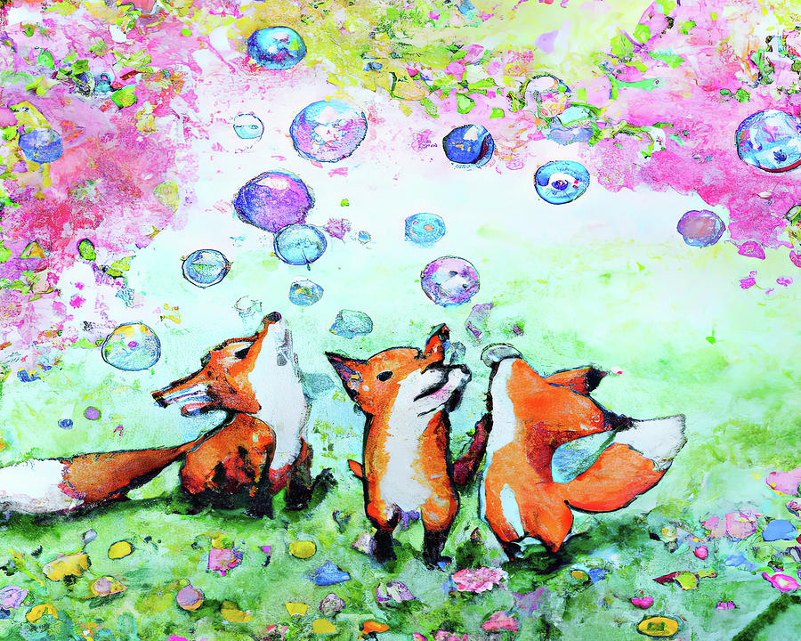 Foxes in the Garden with Bubbles  Digital Art by Cathy Anderson