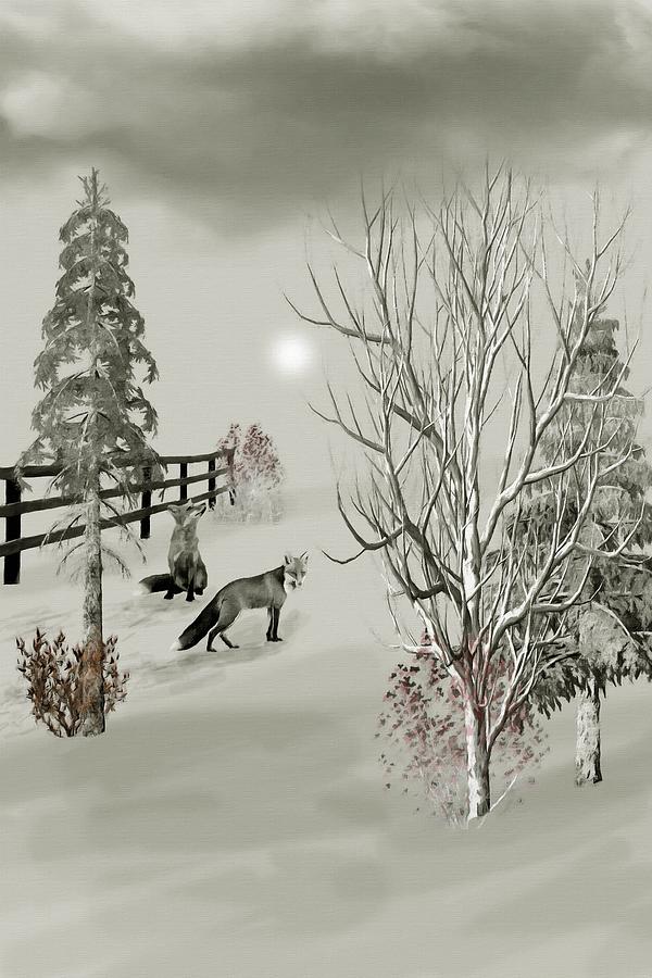Foxes near the corral Winter Morning B W Mixed Media by David Dehner