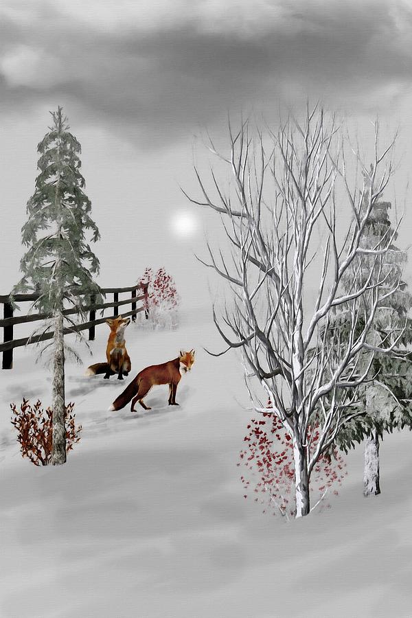 Foxes near the corral Winter Morning Color Mixed Media by David Dehner