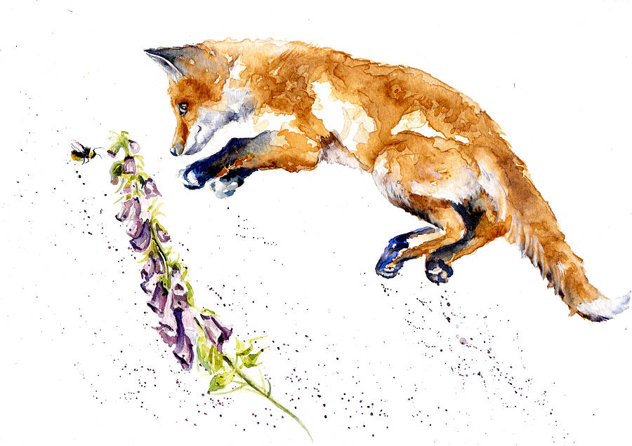 Foxglove - leaping foxcub Painting by Debra Hall