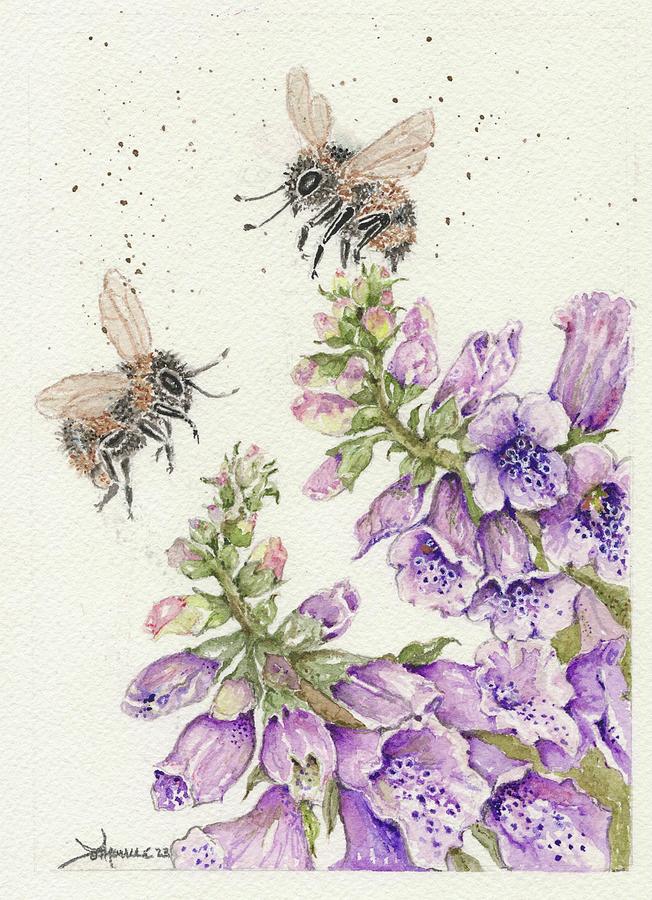 Bees Painting - Foxglove Flowers and Busy Bees by Johanne Strong