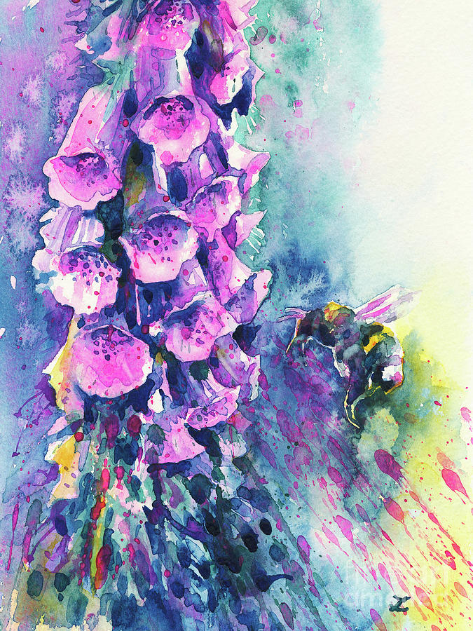 Foxgloves and Bumblebee Painting by Zaira Dzhaubaeva