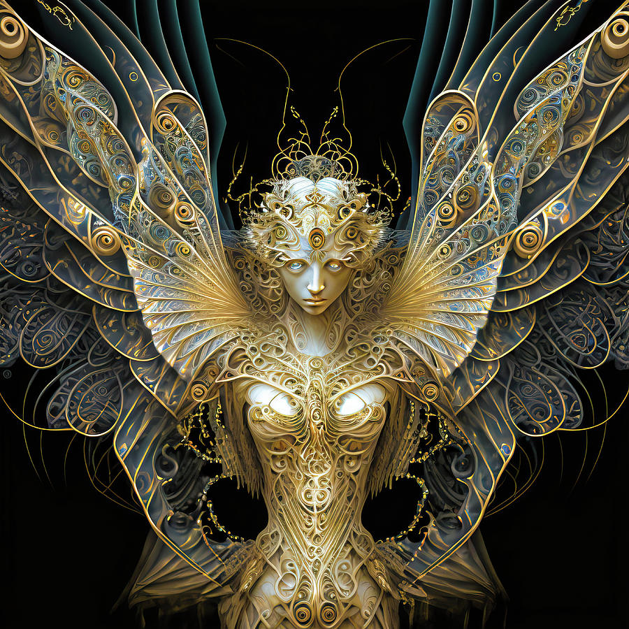 Fractal Angel 11 Gold White Black Digital Art by Matthias Hauser