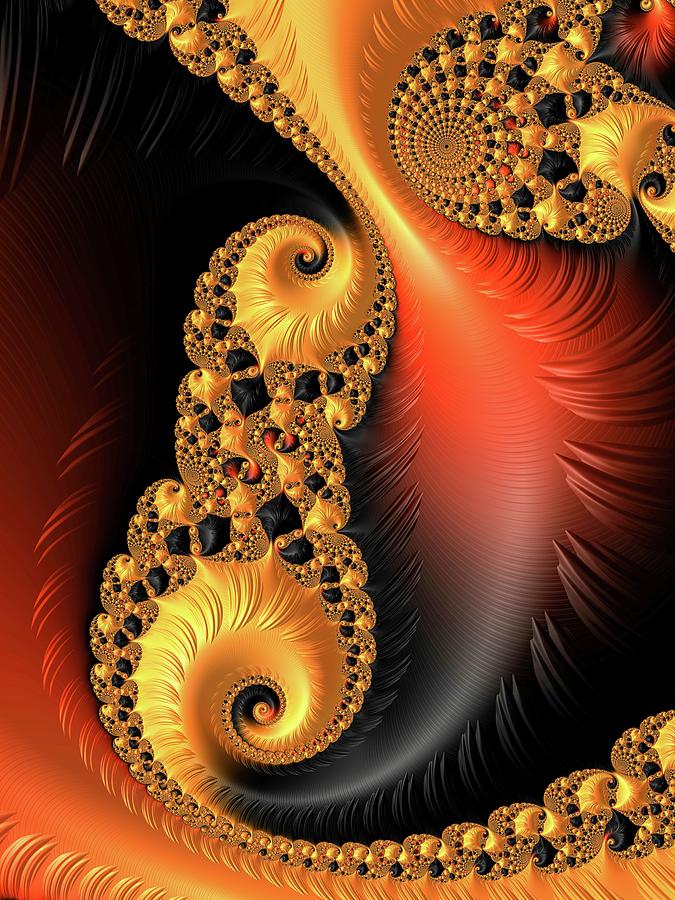 Fractal Spirals Orange Red and Black Abstract Digital Art by Matthias Hauser