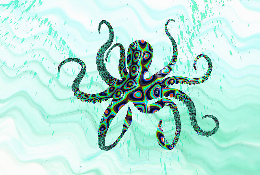 Fractal Watercolor Fusion Teal Octopus  Mixed Media by Shelli Fitzpatrick