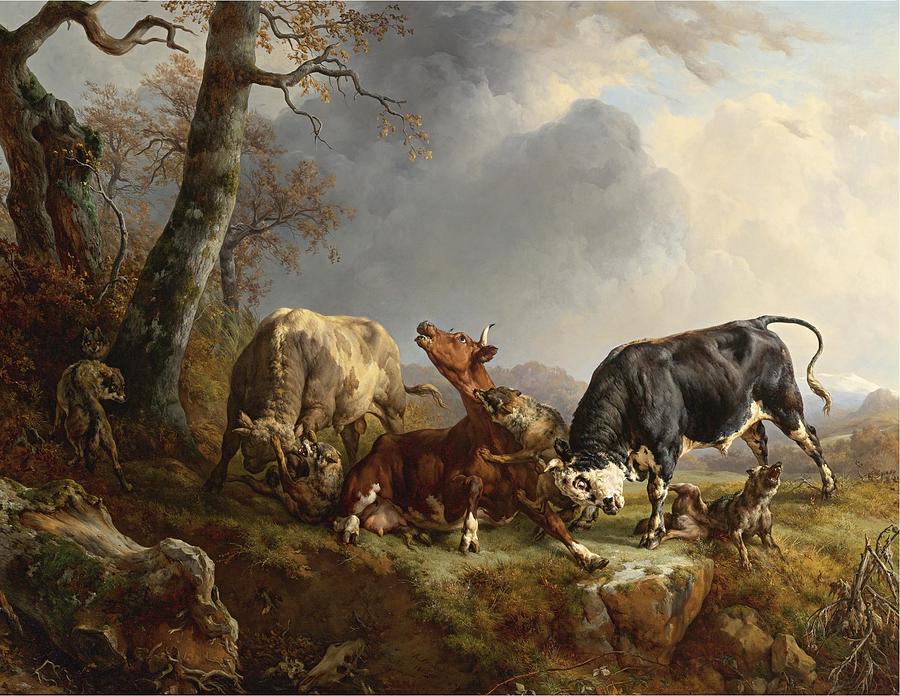 Bull Painting - Two bulls defending a cow attacked by wolves #1 by Jacques Raymond Brascassat