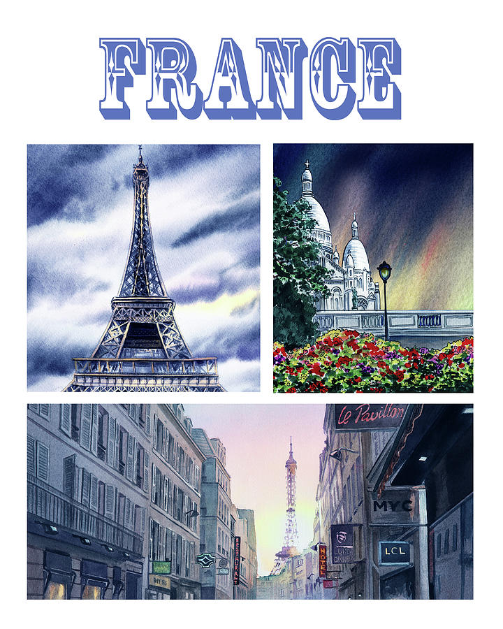 France Paris Street Eiffel Tower Sacre Cueur Watercolor  Painting by Irina Sztukowski