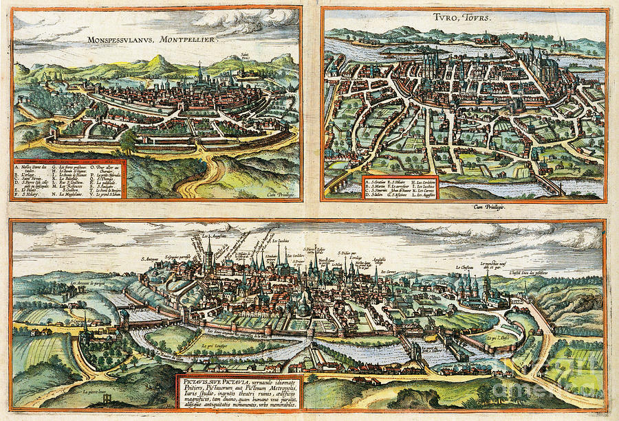 France - View Of Montpellier, Tours, And Poitiers, 1572 Drawing by Georg Braun and Franz Hogenberg