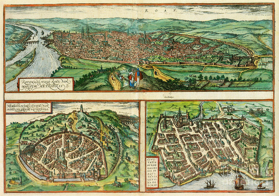 France - View Of Rouen, Nimes, And Bordeaux, 1572 Drawing by Georg Braun and Franz Hogenberg