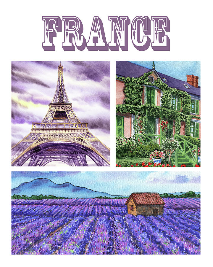 France Watercolor Eiffel Tower Giverny Lavender Province  Painting by Irina Sztukowski
