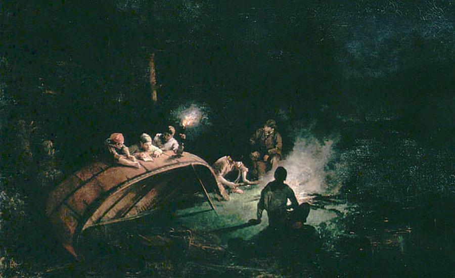 Vintage Painting - Frances Anne Hopkins - Canoe Party around Campfire by Les Classics