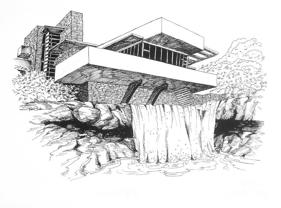 Frank Lloyd Wright Falling Water Architecture Drawing by Robert Birkenes