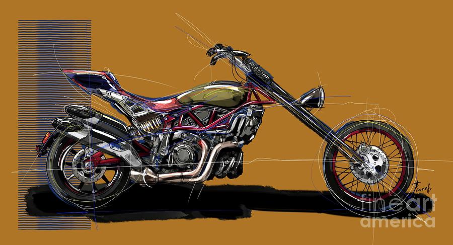 Motorbike Drawing - Frankenstein motorcycle,Original Artwork by Drawspots by Drawspots Illustrations
