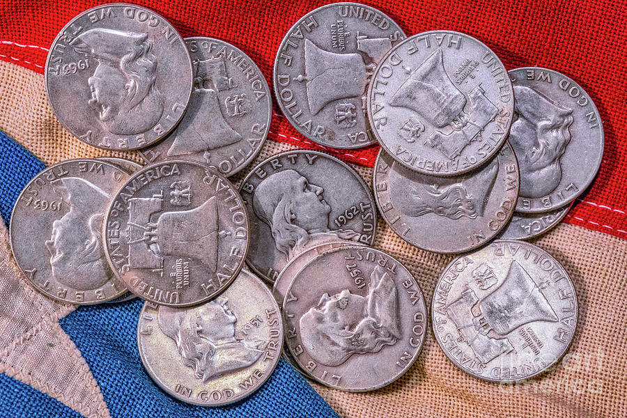 Franklin Half Dollars On Flag Photograph