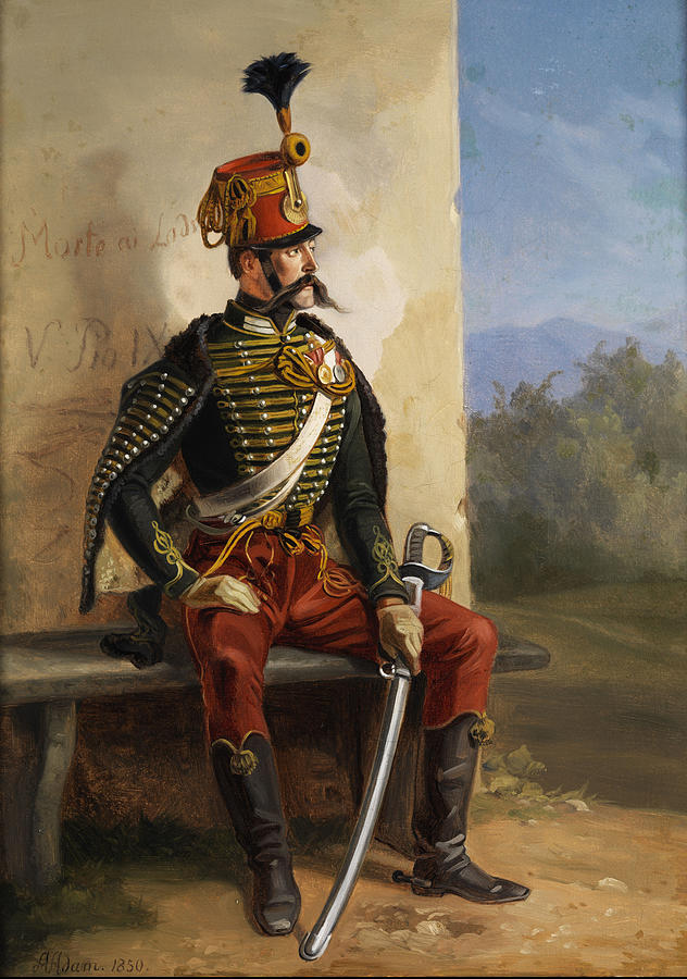 Franzosischer Soldat bei der Rast  in Italien? siehe die Aufschriften auf der Wand . Painting by Albrecht Adam