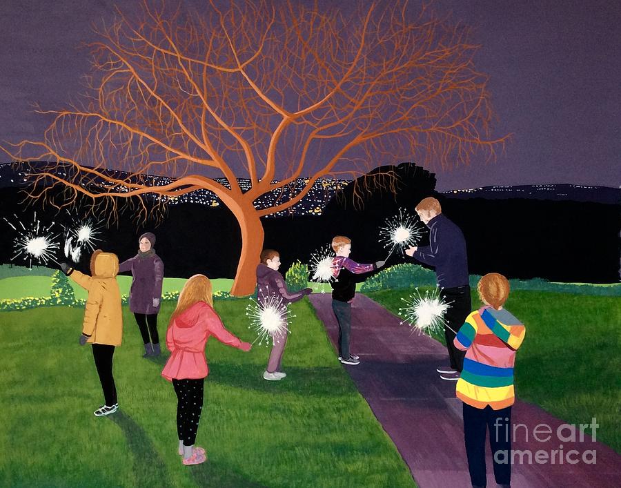 Sparklers Painting - Fraser, Paul, Sparklers and The Indian Rain Tree  by Janet Darley