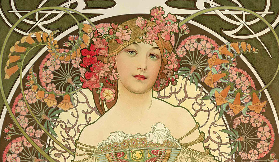 Hand painted litho reproduction Enhanced of Frau Jugendstil Kunst Art Nouveau 6 Painting by Tony Rubino