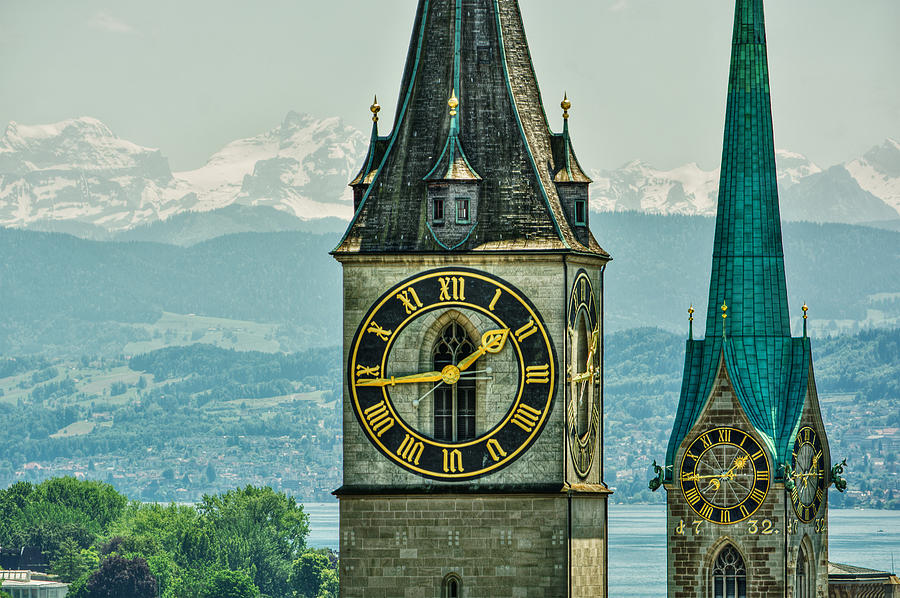 Fraumunster and St Peter church towers and clock face, Zurich, Switzerland Photograph by SilvanBachmann