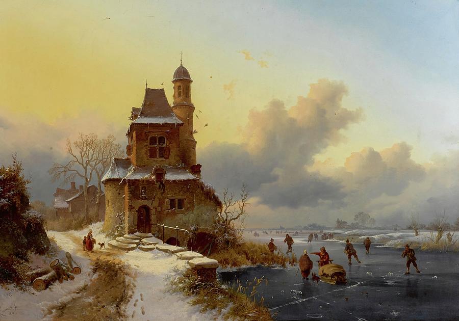 Nature Painting - Fredrik Marinus Kruseman Dutch 1816  1882 Winter Landscape with Skaters by Artistic Rifki