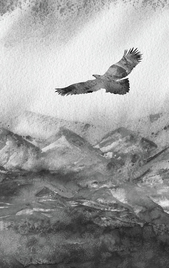 Free Flight Watercolor Silhouette Eagle Black White Gray  Painting by Irina Sztukowski