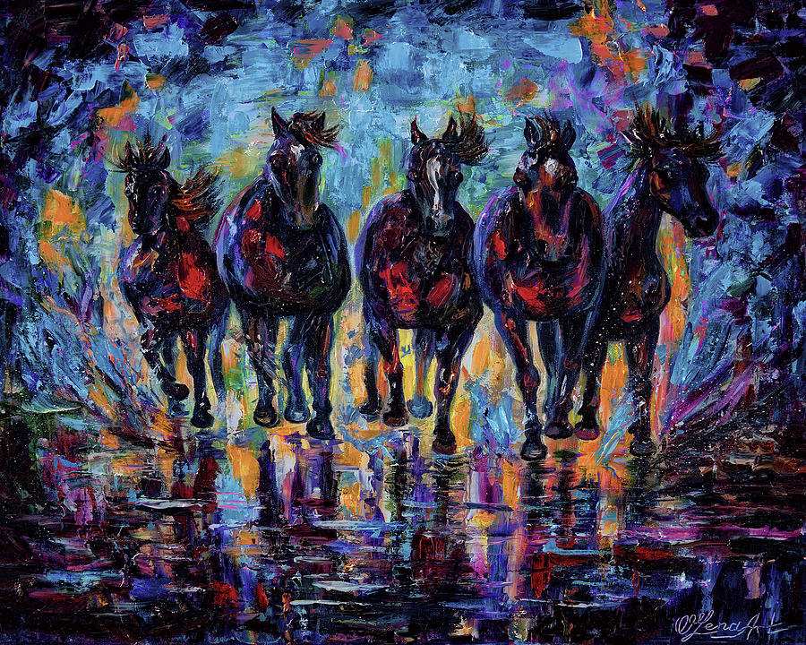  Capturing the Spirit Palette Knife Wild Horses Painting Painting by Lena Owens - OLena Art Vibrant Palette Knife and Graphic Design