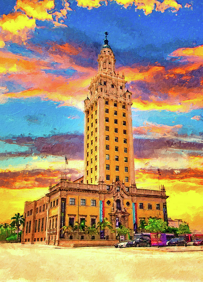 Freedom Tower in Miami, Florida, at sunset - digital painting Digital Art by Nicko Prints