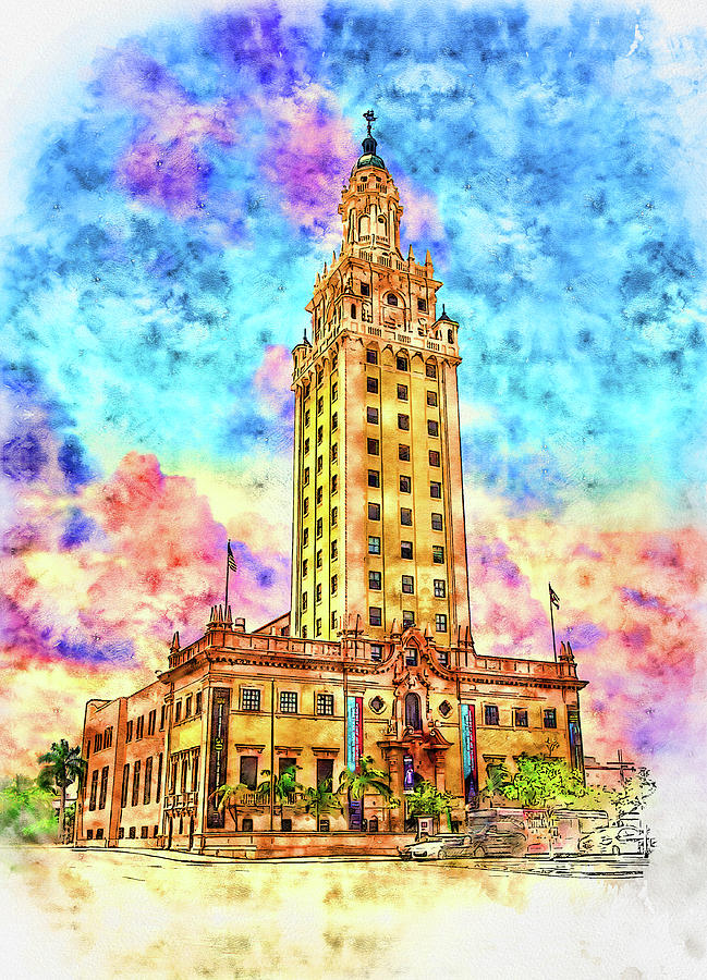 Freedom Tower in Miami, Florida, at sunset - pen and watercolor Digital Art by Nicko Prints