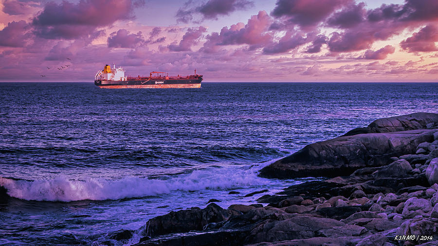 Freighter Ship at Sunset Photograph by Ken Morris