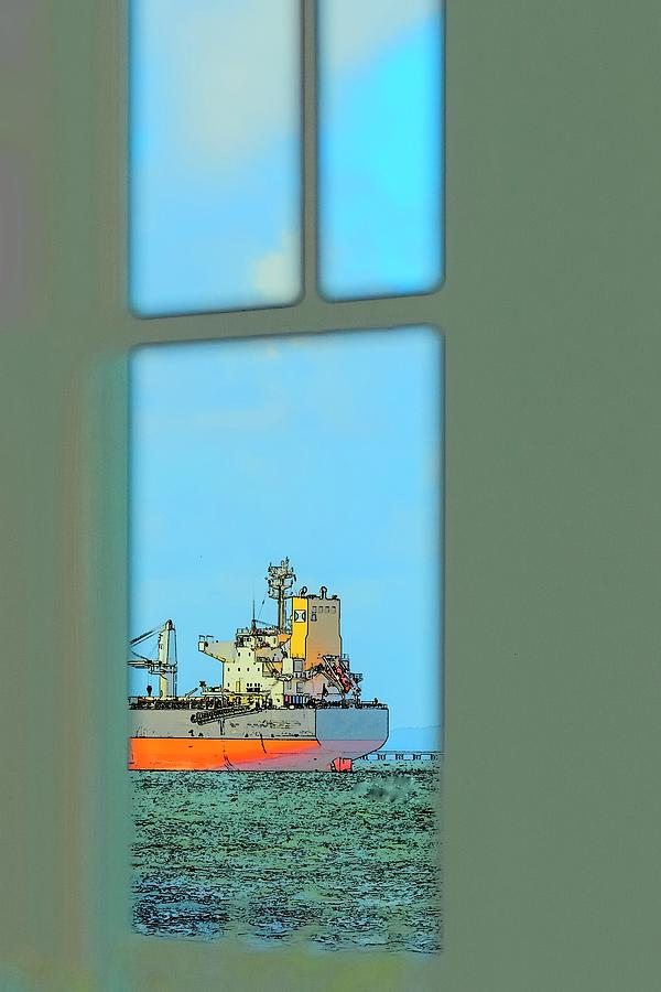 Freighter Through Window Photograph by Jerry Sodorff