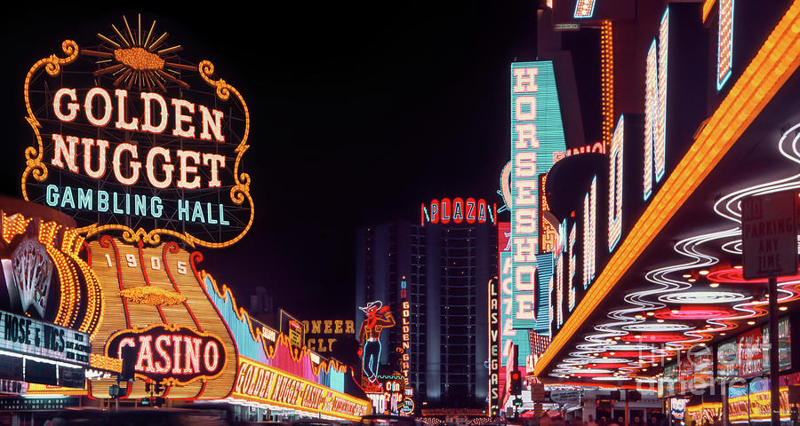 Fremont Street Golden Nugget Casino at night 1972 2 to 1 Ratio Photograph by Aloha Art