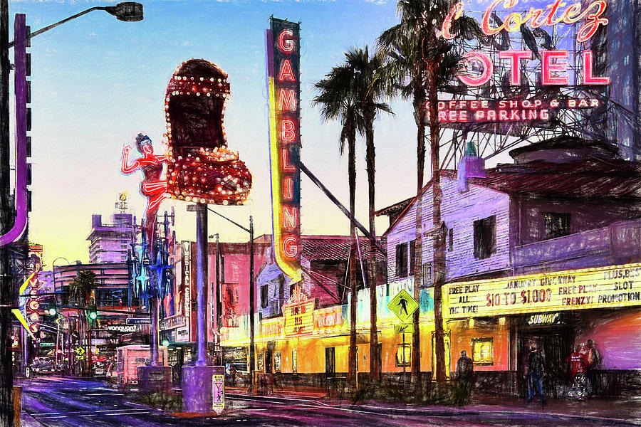 Fremont Street Neon Signs - Digital Colored Pencil Mixed Media by Tatiana Travelways