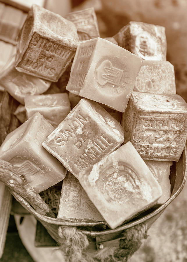 French Bath Soaps at the Market in Sepia Photograph by Georgia Clare