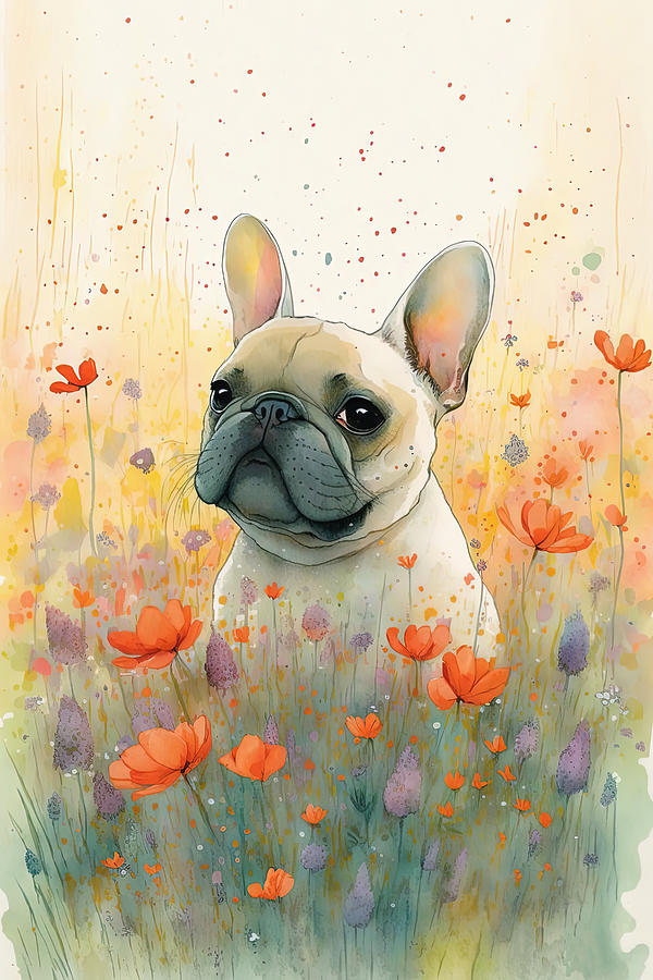 French Bulldog in flower field Digital Art by Debbie Brown