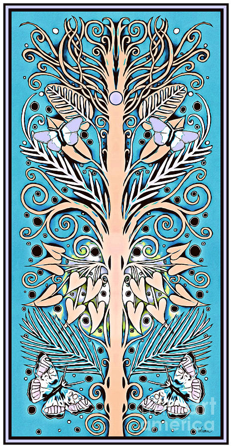 French Design with Sand Colored Espalier, Lilac Butterflies on a Turquoise Background with Border Drawing by Lise Winne